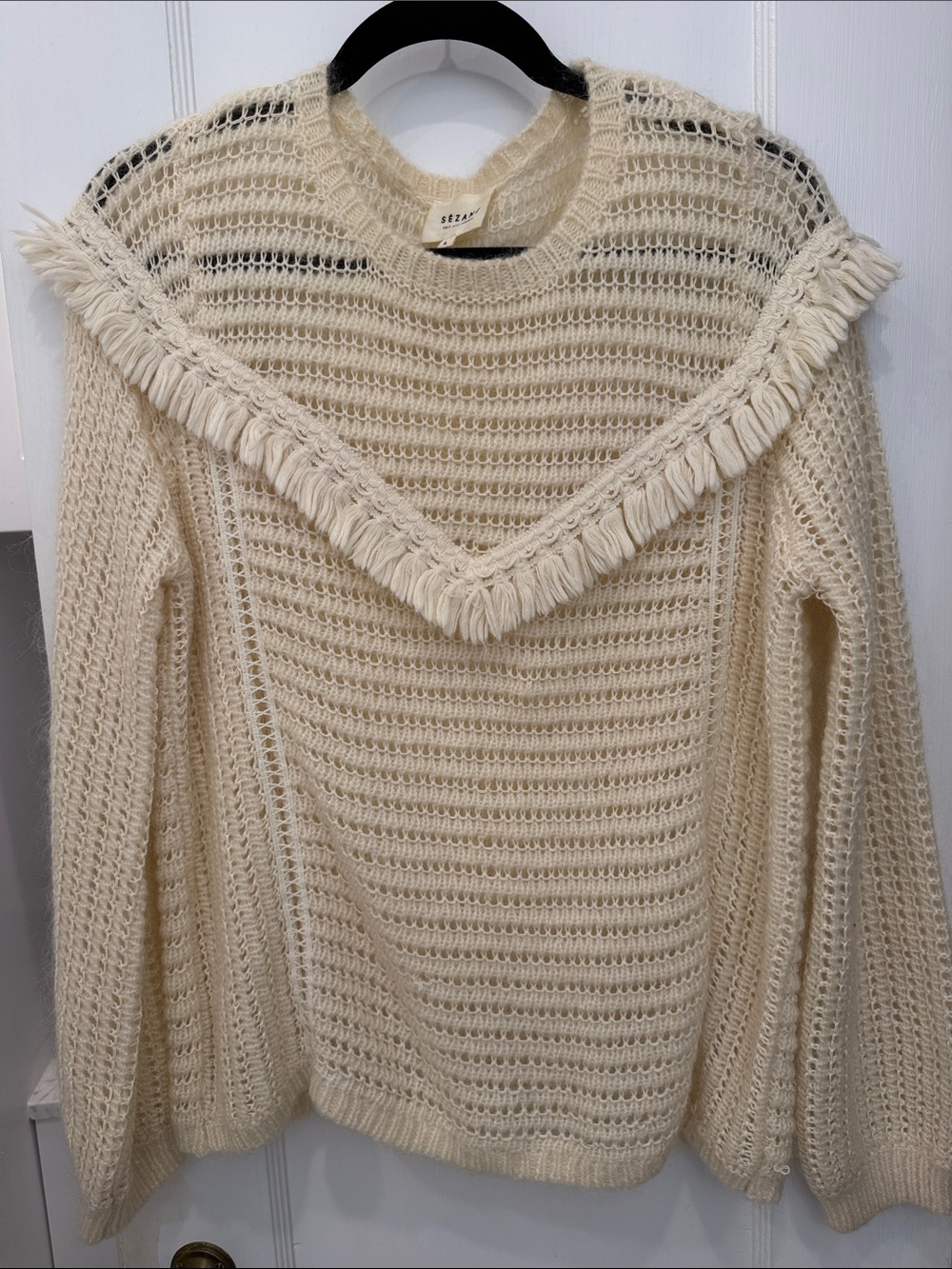 Sezane Cream Fringe Scoop-Neck Open Knit Sweater Jumper L